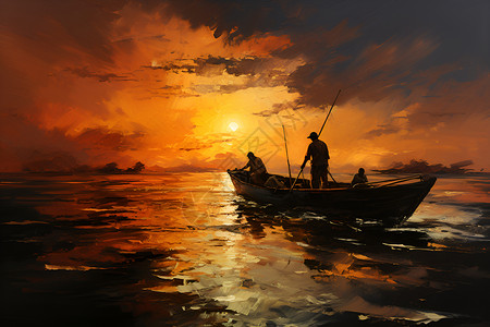 夕阳时海面上的渔船背景图片