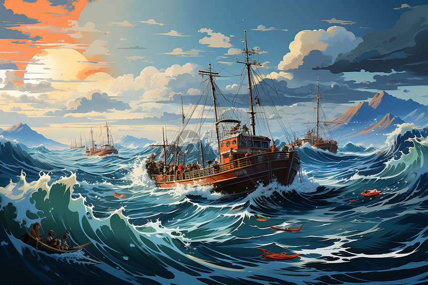 海洋航行的渔船插图图片