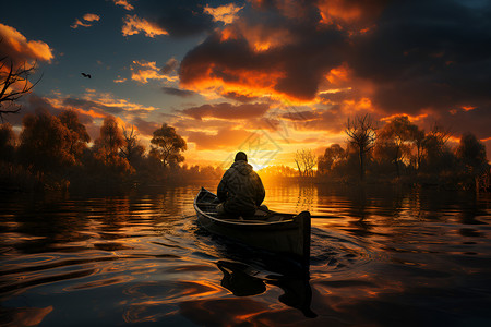 夕阳时木船上的渔夫高清图片