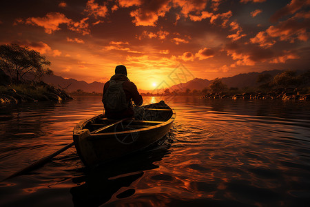 黄昏水面木船上的渔夫背景