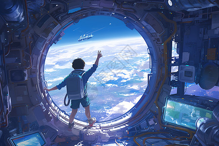 太空站中的男孩插画背景图片