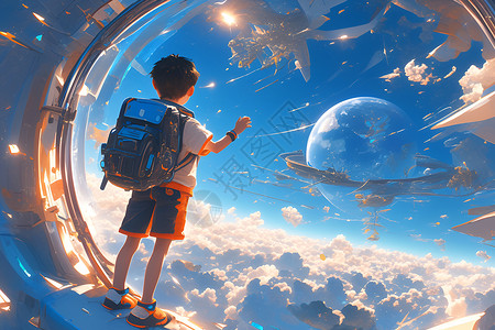 梦幻科技背景太空中的男孩插画