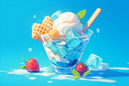 椰奶芋圆美味的草莓冰淇淋插画