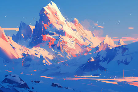 黄昏雪景日落下的雪峰插画