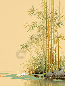 竹林图片池塘里的鸭子与竹林插画