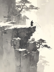 松柏盆景山崖中的幻境插画
