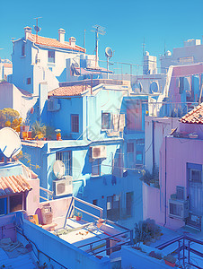 城市房顶蓝色城市的美景插画