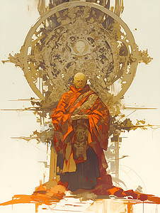 钟楼钟穿红袍的男子站在一座钟楼前插画