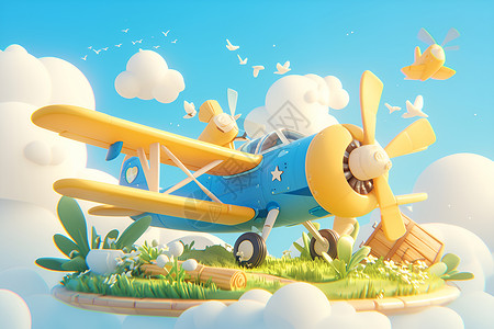 在飞机停在小岛上的飞机插画