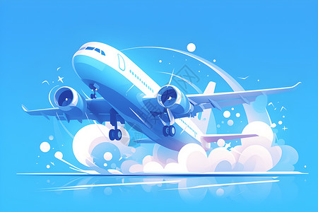 可爱卡通云朵翱翔的飞机插画
