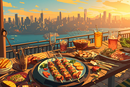 黄昏城市的烤肉派对背景图片