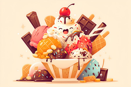巧克力华夫饼美味奶油冰淇淋插画