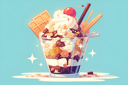 巧克力华夫饼杯子里的冰淇淋插画
