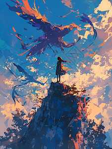 蓝天老鹰站在悬崖上的女孩插画