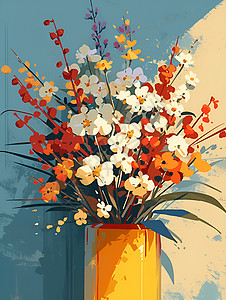 艺术花瓶组盛开的美丽花朵插画