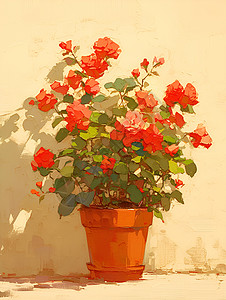 花盆装饰美丽的红色花朵插画