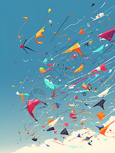 飞舞的纸飞机缤纷风筝在天空中飞舞插画