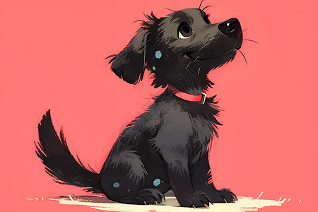 黑色小狗在粉色背景下插画