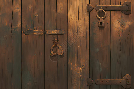 木花纹老旧木门上的金属锁扣插画