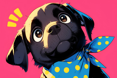 黑色漂浮斑点黑色小狗戴着蓝色斑点蝴蝶结插画