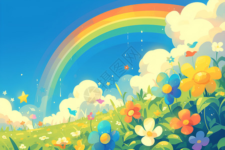 草地上的绚丽彩虹背景图片