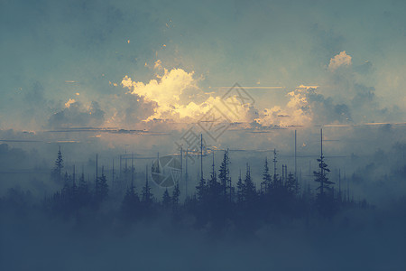 山林远景浓雾中的树林插画