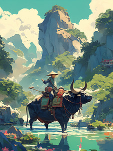 骑牛少年少年与牛在山区的插画插画