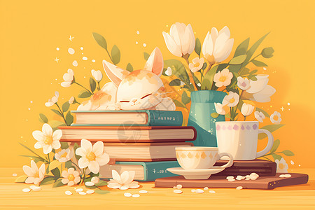 陶瓷咖啡杯书籍桌子上的书本和小猫插画