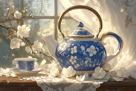 淡雅花朵旁的茶壶背景图片
