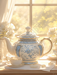 阳光照射下的茶具背景图片