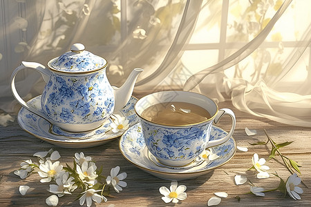 有花朵的瓷器窗边精致的青花瓷茶壶插画