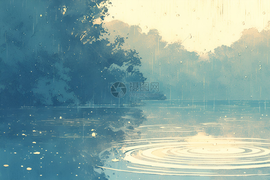 雨水落入湖面的涟漪图片