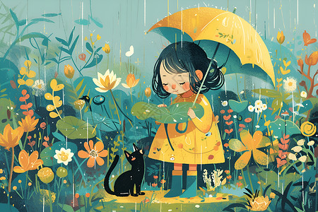 黑色猫咪雨伞少女与黑色猫咪插画