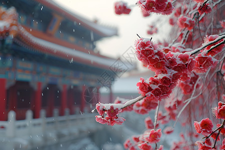 白雪风景复古建筑背景下的梅花背景