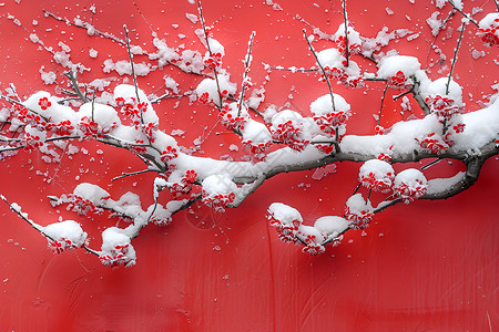 红墙白雪梅花背景图片