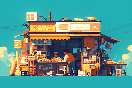 连锁店铺夏日街头小贩插画