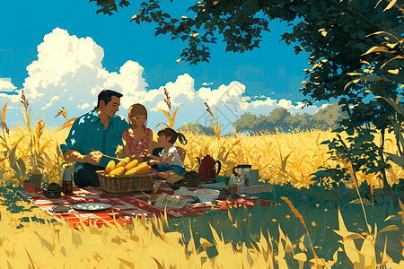 田野中的一家人背景图片