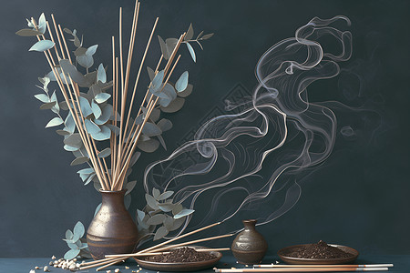 植物香气烟雾缭绕的花瓶插画