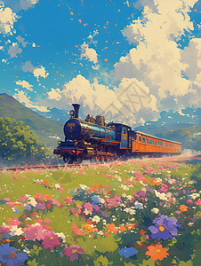 列车穿越绚丽花田的幻境高清图片