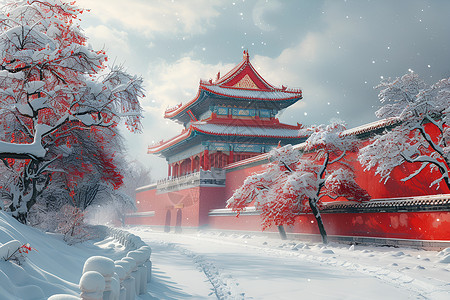 红梅图片紫禁城的雪花背景