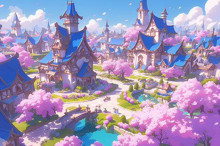 粉色樱花下的童话村庄背景图片