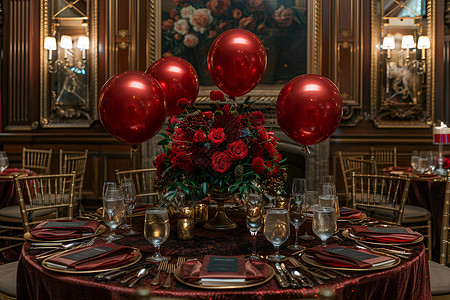 红色的气球在餐桌上背景图片
