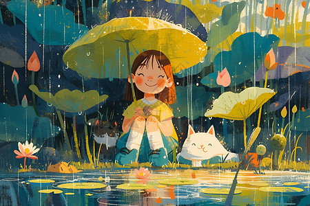 雨中少女与莲叶背景图片