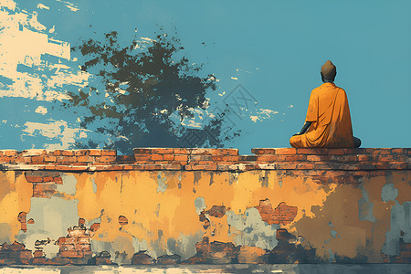 缅甸佛像古老墙边的僧侣插画