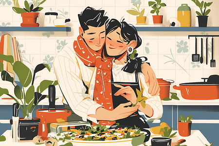 皮具制作厨房内的情侣插画