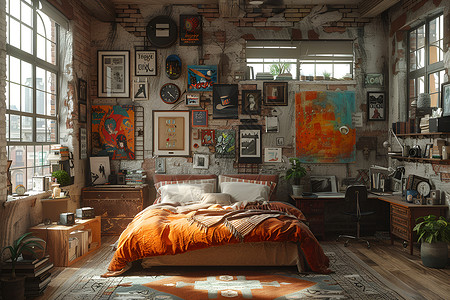 北欧风格大床卧室内舒适的大床插画
