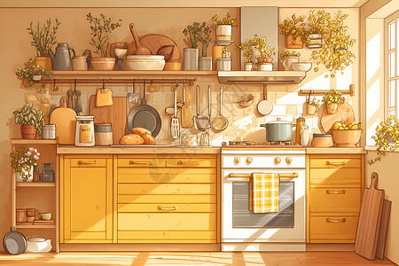 百色橱柜厨房内摆放整齐的炊具插画