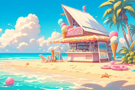 沙滩屋海边的冰淇淋屋插画