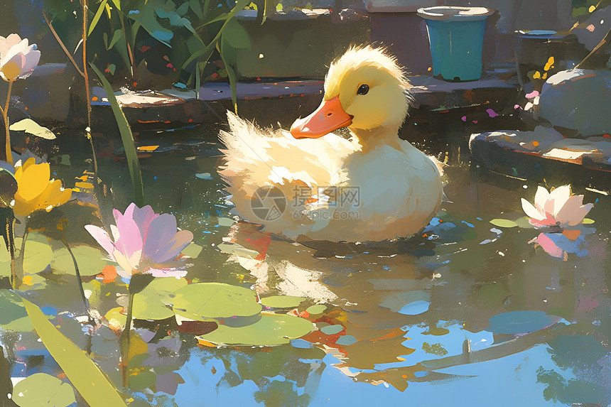 池塘中的鸭子油画图片