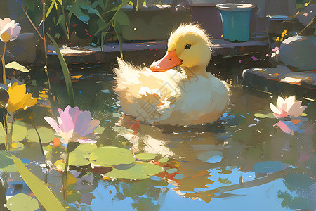 池塘中的鸭子油画背景图片